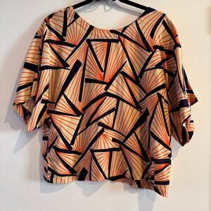 The Odells Geometric Top Orange Blue Tan V-Neck Back Pullover Short Sleeve Sz S